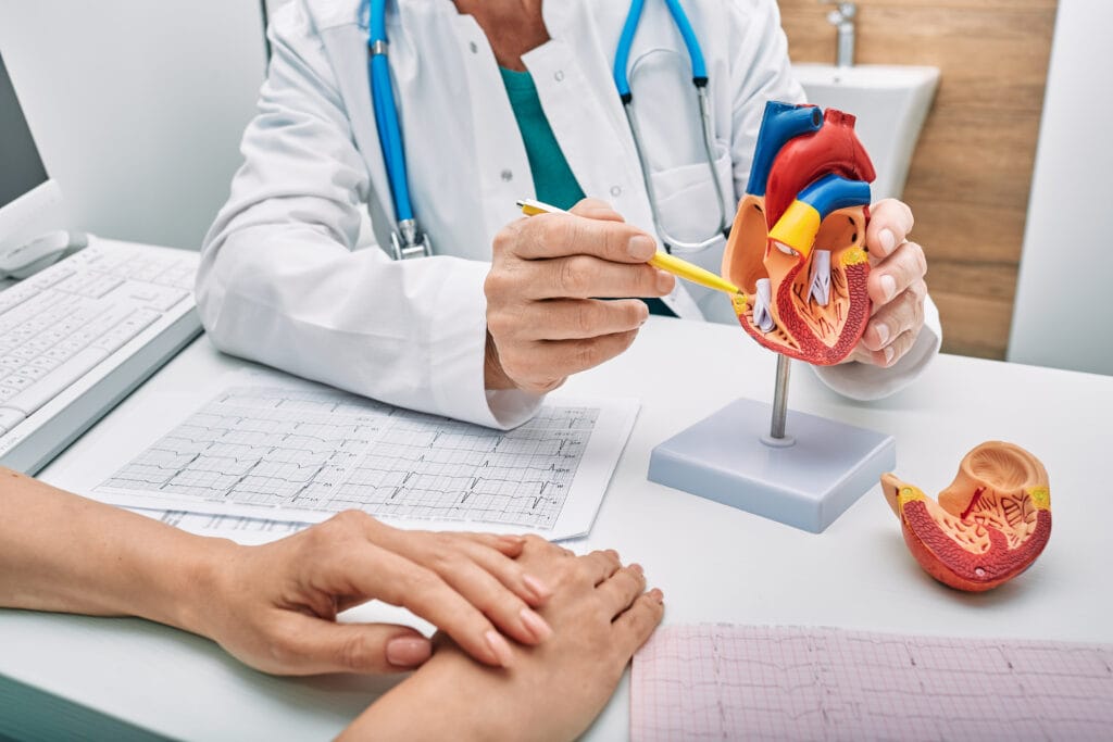 Doctor pointing at a 3D heart model with a pen during a consultation, with EKG results and a patient’s hands visible on the desk.